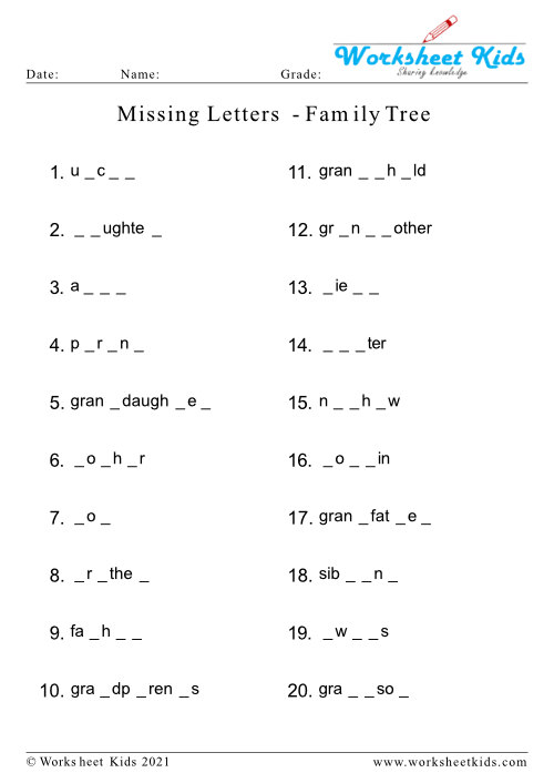 Missing letters family tree names and relationships