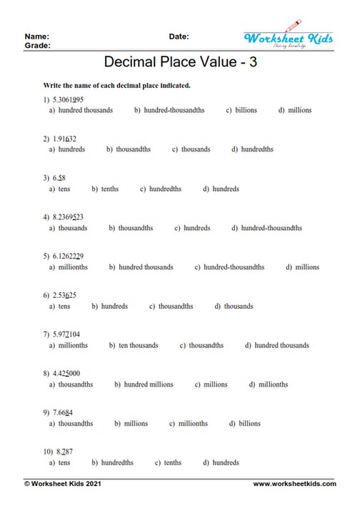 Decimal place value quiz worksheet 3 for grade 5: MCQ problems covering tenths, hundredths, and thousandths.