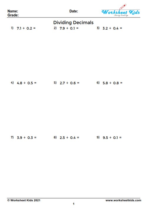 Comprehensive 6th grade dividing decimals worksheet with multiple exercises.