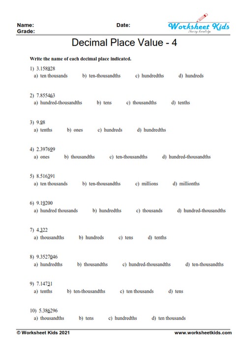 Identifying decimal place values through multiple choice questions - Worksheet 4 for 5th grade.