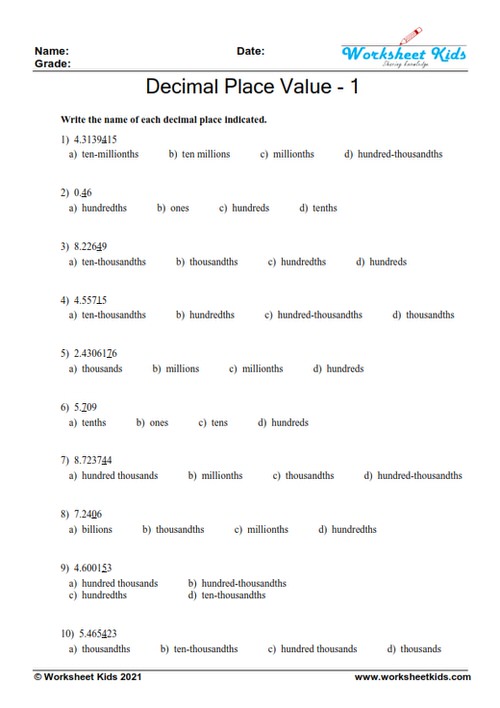 5th grade decimal place value MCQ worksheet 1: Multiple choice questions on identifying correct decimal values.