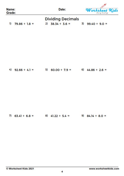 Solving a dividing decimals practice problem on a worksheet with step-by-step calculation