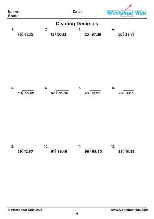 Visual guide explaining how to divide decimals on a practice worksheet.