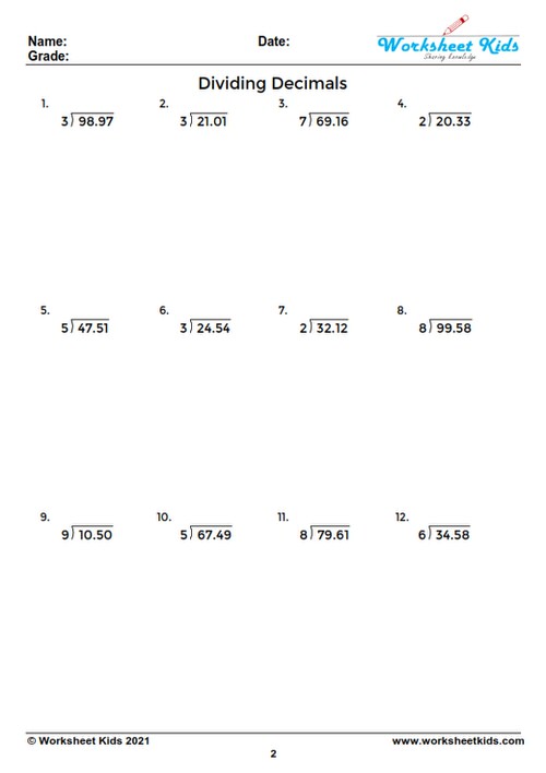 Example problem on a dividing decimals by whole numbers worksheet with clear steps