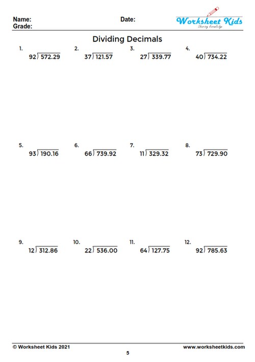 Fifth-grade student successfully completing a dividing decimals 5th grade worksheet.