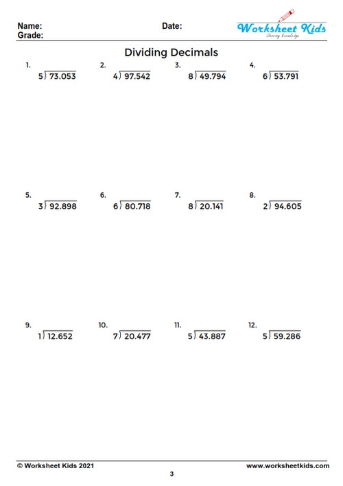 Dividing decimals by decimals worksheet section with challenging practice questions.