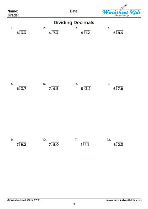Student practicing problems on a dividing decimals worksheet for 5th grade.