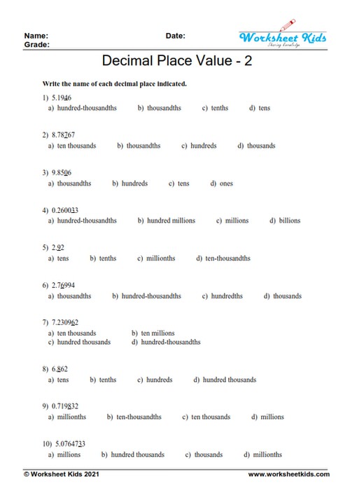 Multiple choice practice for 5th graders: Decimal place value assessment worksheet 2 (MCQ) with chart.