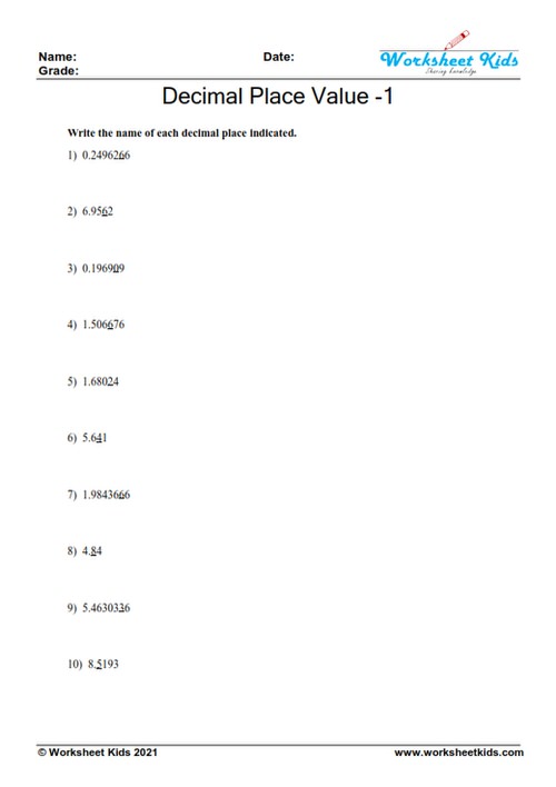 5th grade decimal place value worksheet 1: Writing the value of digits in given decimal numbers, includes place value chart.