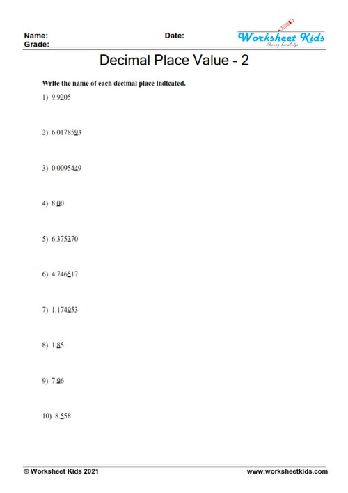 Practice sheet for 5th graders: Writing decimal place values - Worksheet 2 with decimal chart example.