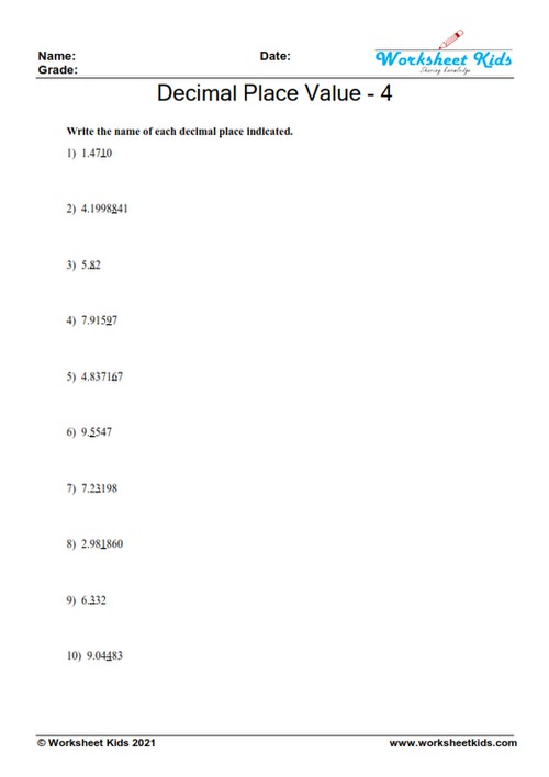 Understanding decimal place value worksheet 4 for 5th grade: Students write values from tenths to ten-millionths.