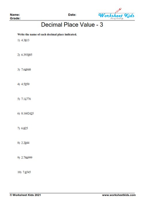Decimal place value identification worksheet for grade 5: Writing out the value of underlined digits - Worksheet 3
