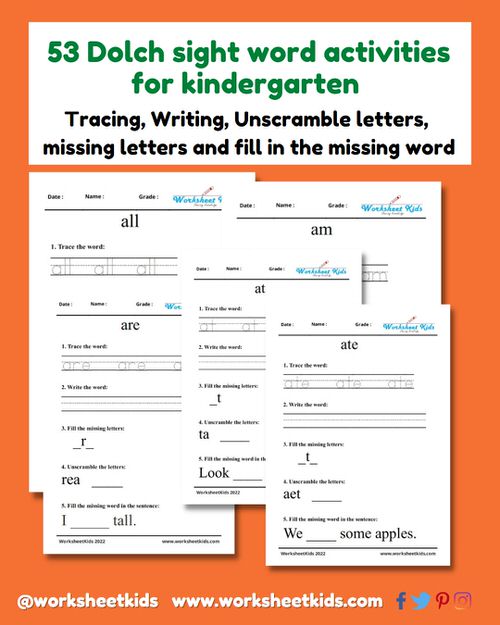 Colorful cover image for free Dolch sight words kindergarten printable worksheets bundle.