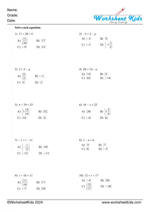 one step equations addition and subtraction variable left right and either side MCQ multiple choice questions