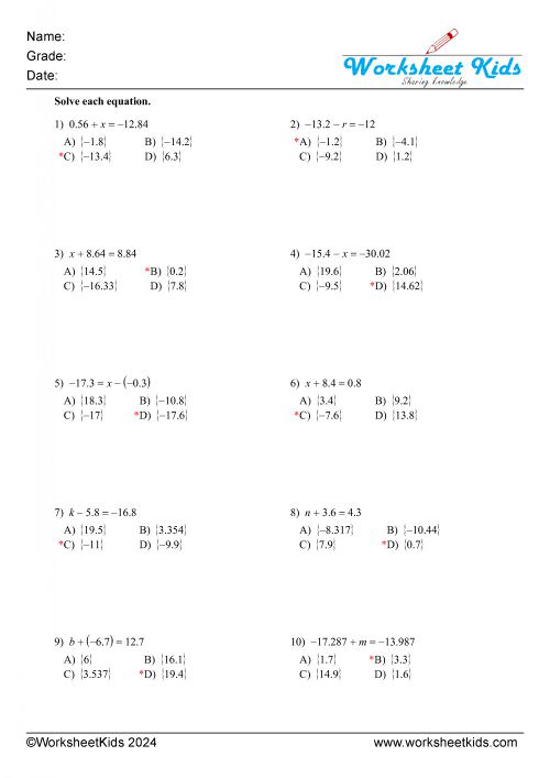 one step equations decimals addition and subtraction either side MCQ