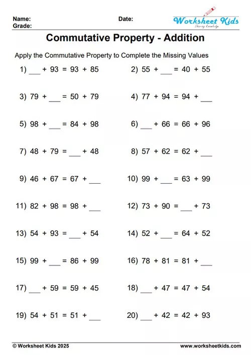 Free printable commutative property of addition worksheet for 2-digit numbers (10-100) with answer key.