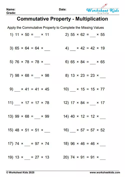 Practice worksheet for commutative property of multiplication with 2-digit numbers up to 100.