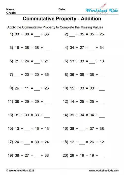Commutative property of addition worksheet preview with 2-digit numbers (10-40) for elementary students.