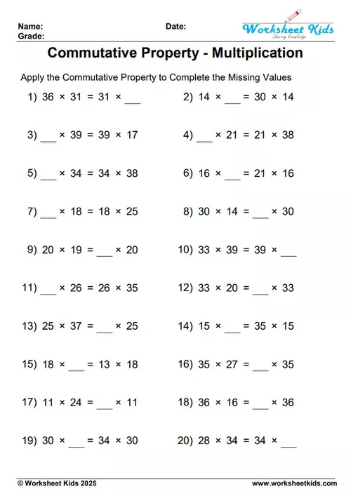 Commutative property of multiplication worksheet PDF preview using 2-digit numbers from 10 to 40.