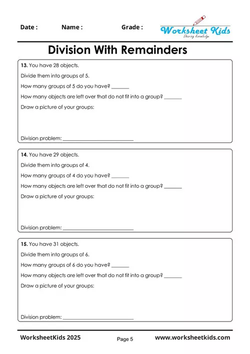 Close-up of a 4th grade division with remainders worksheet focusing on a challenging problem.