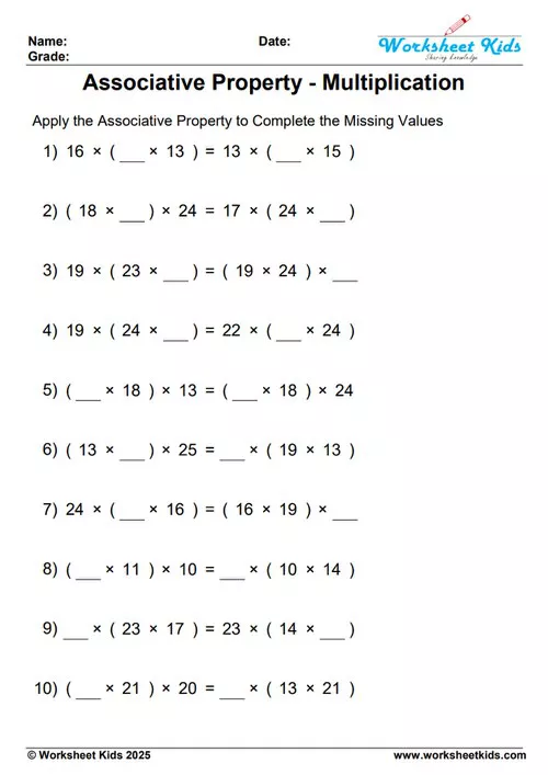 Sample associative property of multiplication worksheet suitable for 3rd grade students.