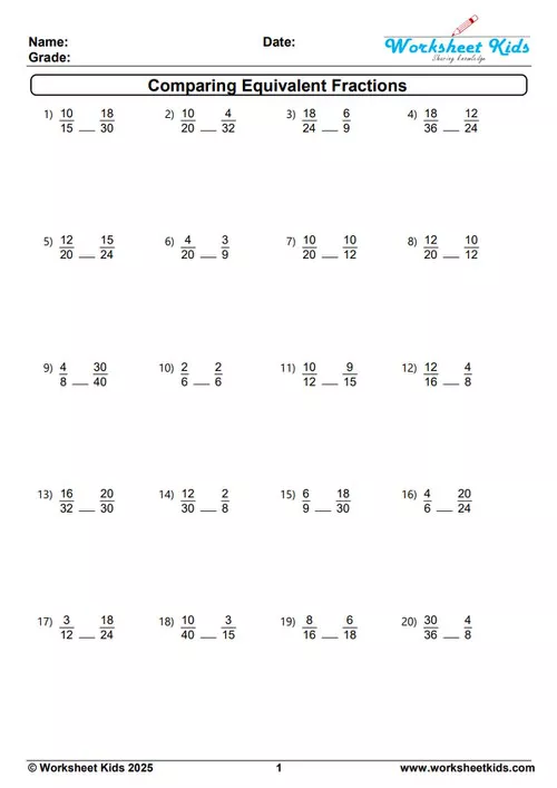 Example problems from a comparing equivalent fractions worksheet for 3rd to 5th-grade students.