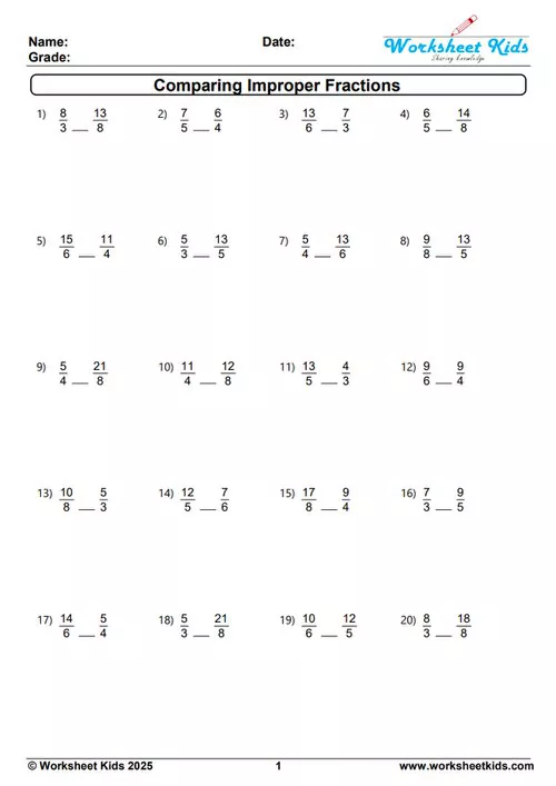 Sample problems from a comparing improper fractions worksheet to help students understand fractions greater than one.