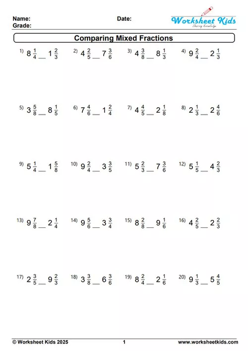 A comparing mixed fractions worksheet with examples suitable for 5th-grade students learning number comparison.