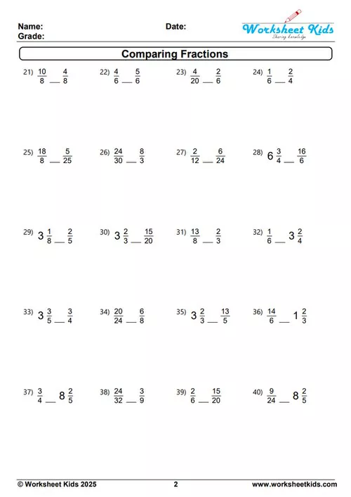 Assessment-style worksheet for comparing and ordering various types of fractions, ideal for 3rd, 4th, and 5th-grade math.