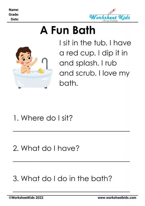 "A Fun Bath" CVC worksheet for kindergarteners, displaying bath-themed graphics and simple sentences for engaging comprehension practice.
