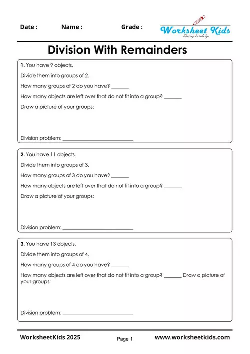 Example of a 3rd grade division with remainders worksheet question showing groups and leftovers.