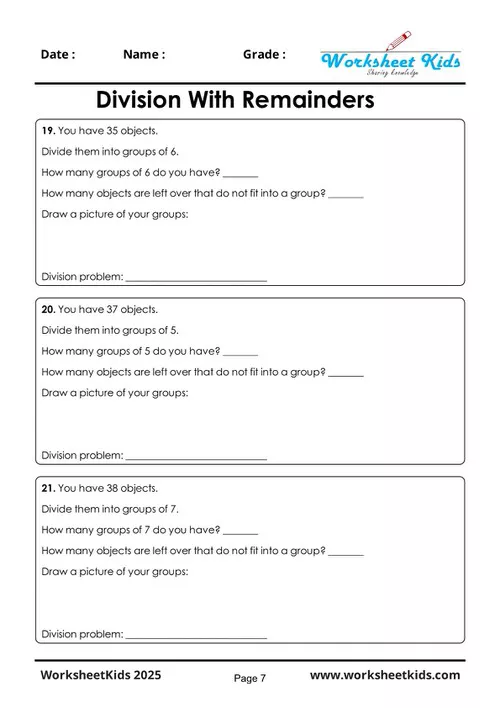 Sample answer key for a division with remainders worksheet, aiding parents and teachers.