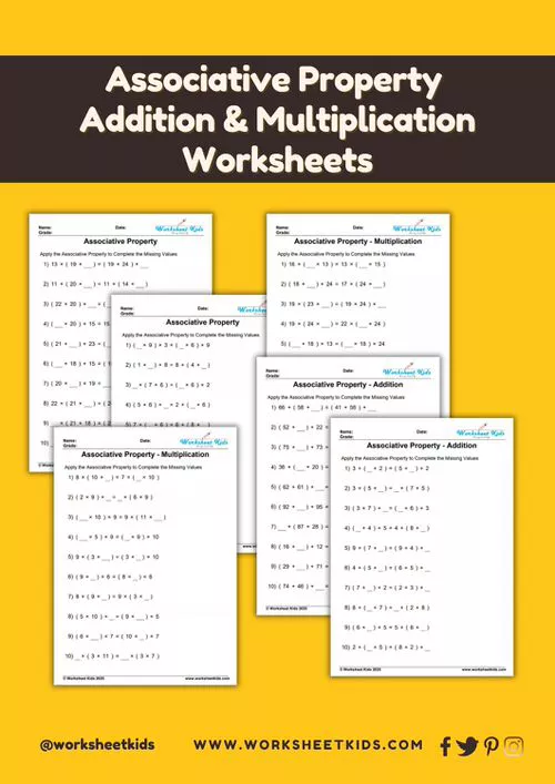 Icon representing the download for free associative property math worksheets in PDF format with answer keys.