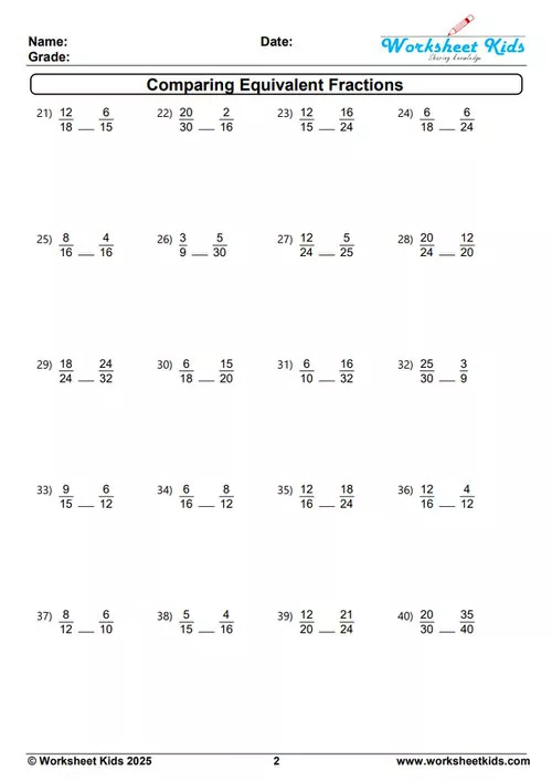 A practice sheet focusing on comparing equivalent fractions, part of a free worksheet bundle for elementary math.