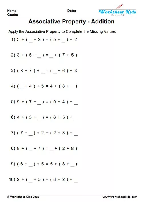 Preview of a free associative property of addition worksheet with practice problems.