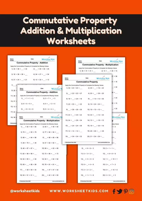 Collection of 9 free commutative property worksheets for addition and multiplication, PDF format with answer keys.