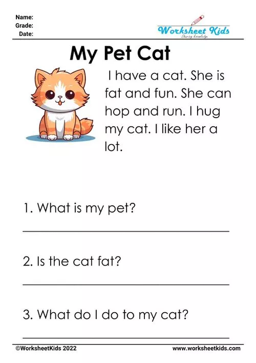 Kindergarten reading worksheet "My Pet Cat," showcasing a cute cat illustration alongside engaging CVC words and a short story.