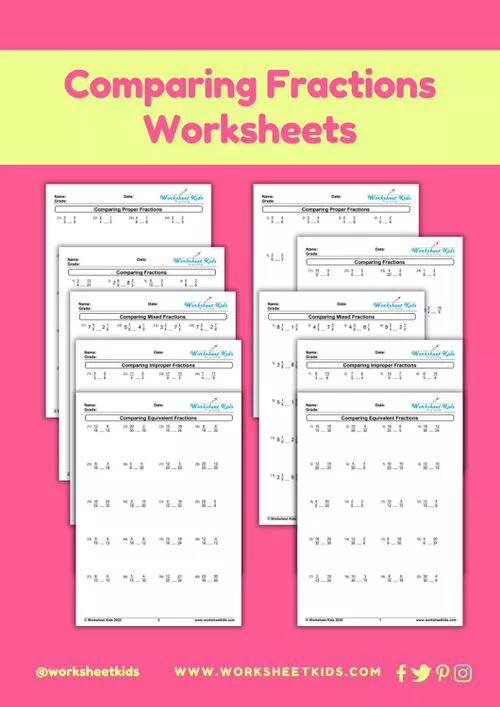 Cover image for a free printable PDF pack of 20 comparing fractions worksheets, totaling 200 problems for math practice.