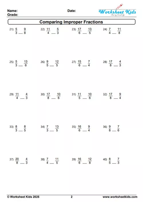 Practice worksheet for developing skills in comparing improper fractions, suitable for upper elementary grades.