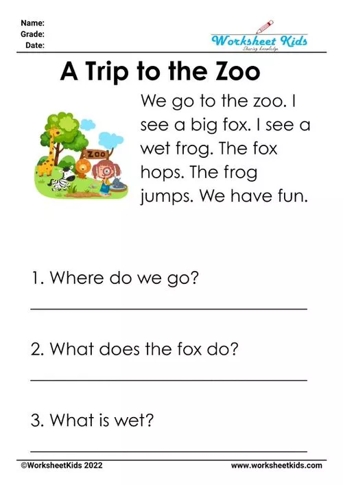 "A Trip to the Zoo" kindergarten reading worksheet filled with fun zoo animal graphics and CVC word activities for young learners.