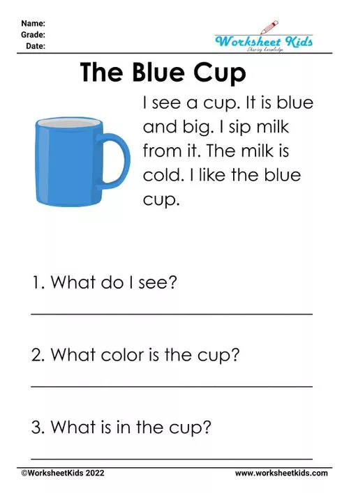 Simple and effective "The Blue Cup" CVC worksheet for kindergarten, illustrating a blue cup with text for early reading understanding.