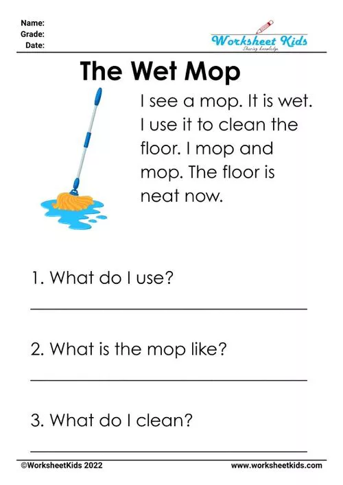 "The Wet Mop" CVC worksheet for kindergarten education, showing a mop illustration with simple sentences for reading practice.