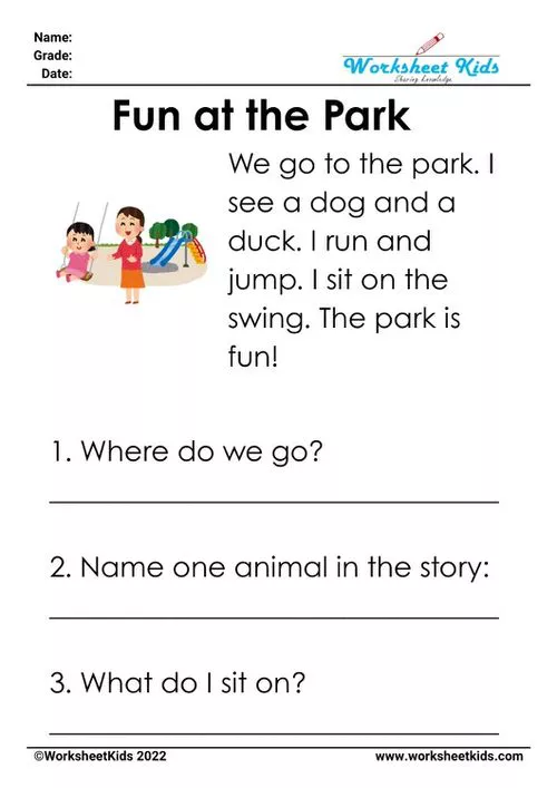 "Fun at the Park" kindergarten worksheet with playful illustrations of a park scene, focusing on CVC words and reading comprehension.