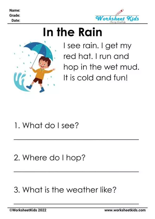 "In the Rain" CVC reading comprehension worksheet for kindergarten, featuring rainy day illustrations and engaging text.