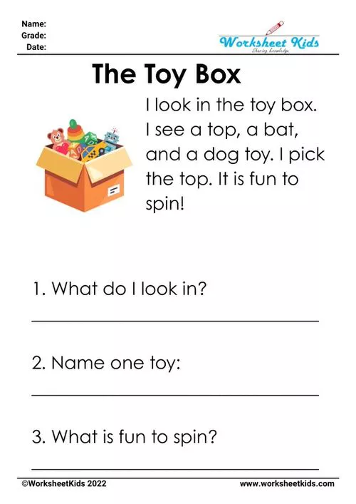 Colorful "The Toy Box" CVC worksheet for kindergarten literacy, featuring images of various toys and fun reading activities.