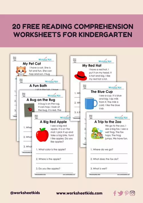 Free Child happily engaged in reading comprehension for kindergarten activity with colorful books worksheets.