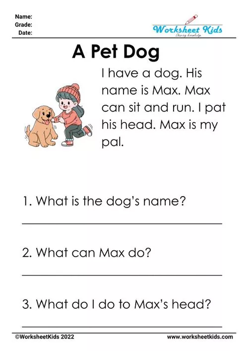 "A Pet Dog" CVC worksheet for kindergarten reading comprehension, showing a happy dog illustration and related text.