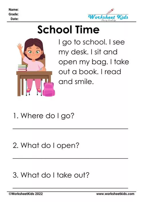 "School Time" kindergarten worksheet with school-themed graphics, designed to practice CVC words and simple reading comprehension.