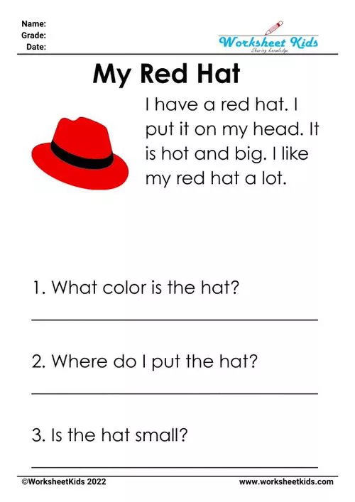 Kindergarten CVC worksheet "My Red Hat" featuring a graphic of a red hat and simple text to help children practice early reading skills.