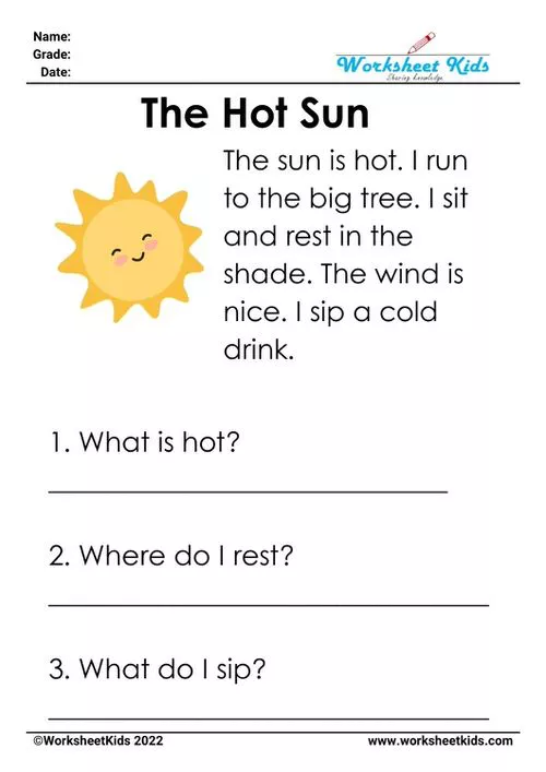 Early literacy CVC worksheet "The Hot Sun" for kindergarteners, featuring a bright sun illustration and simple sentences for reading practice.